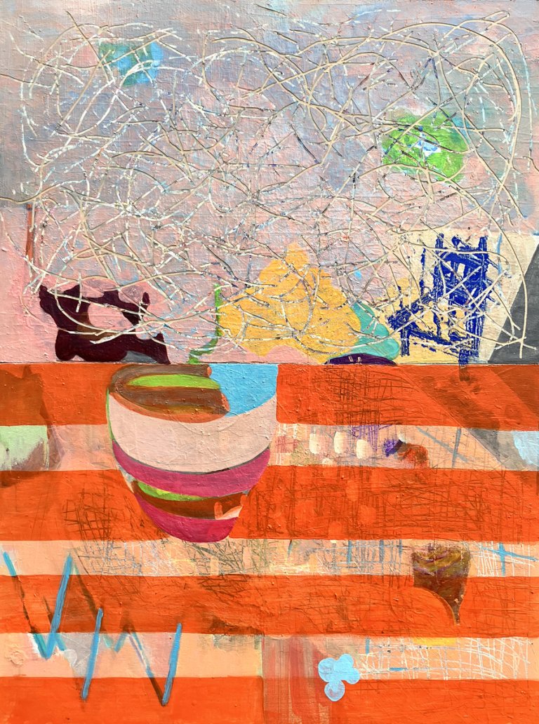 an abstract art piece. the top half is a muted salmon and pale grey with a white scratchy line winding around on top. there are shapes underneath the scratch marks; a royal blue chair-like shape, a yellow triangle, a green flower, a burgundy ripple. the bottom half is bright orange horizontal stripes. there are blue v-shapes in the bottom left corner. there is a bowl-like shape towards the middle of the piece. it is made up of horizontal bands in peach, magenta, burgundy, and lime.