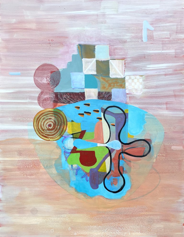 an abstract art piece with a vague oval shape in the center created of color blocks, circles, and floral shapes. the colors are electric blue, soft mauve, golden yellow, white, sky blue, black, and peach. the background behind the shapes is a horizontal brushed white and peach.