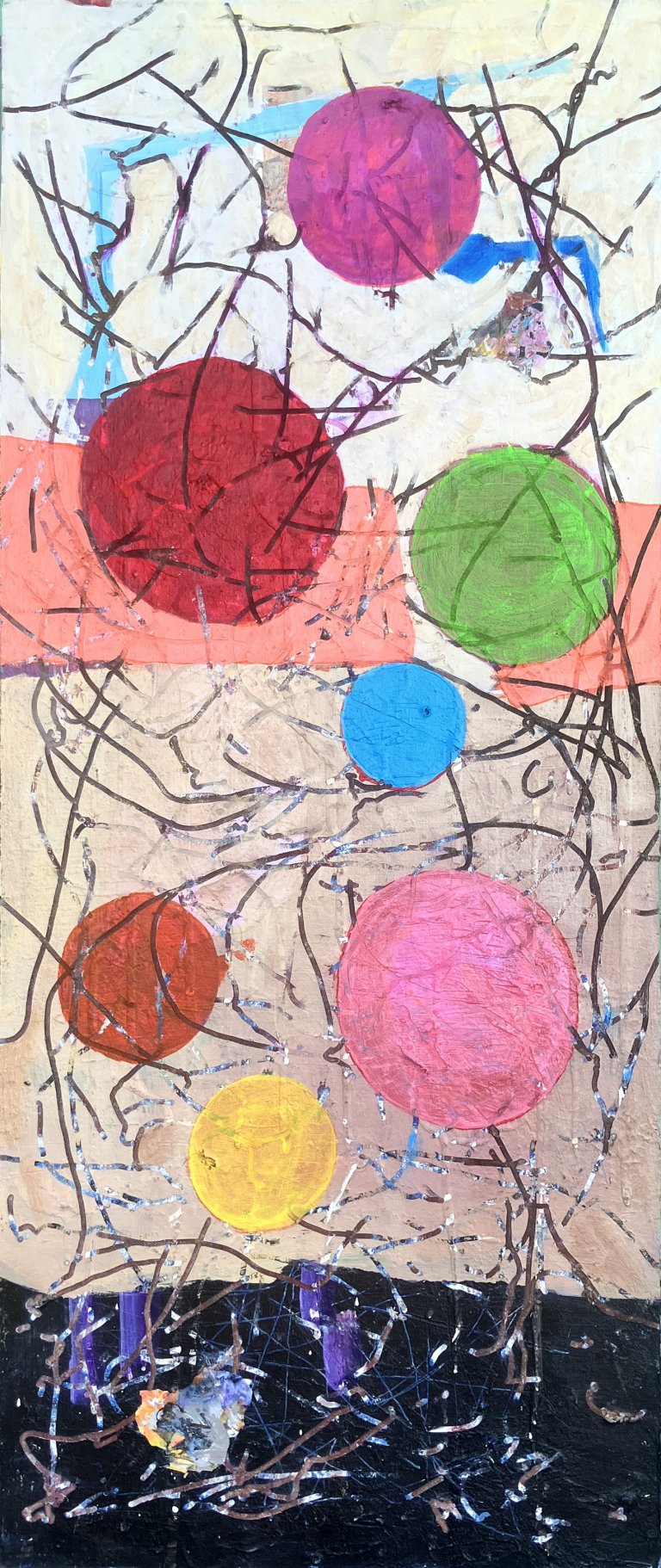 an abstract art piece. there are four horizontal color divisions. the bottom is black, the next taupe, then bubblegum pink, then cream. there are colorful circles overlaid with the sections; a magenta, a red, an orange, a kiwi green, a lemon yellow, and an electric blue. there are black branch-like shapes all around the circles.