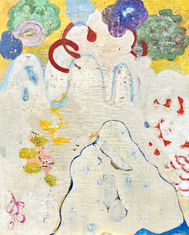 an abstract art piece with white cloud-like shapes. there is a green, purple, and blue floral shapes at the top against a yellow background. there are red and magenta accents throughout