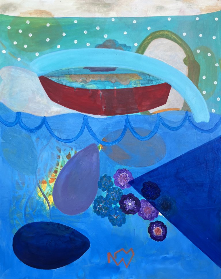 an abstract art piece that depicts a blue ocean with a red boat floating on the surface. there is an aqua haze above the boat with white polka dots. under the water there are purple and blue floral shapes, two deep blue and light purple tear drop shapes, a royal blue triangle. there is an electric blue arch above the boat.