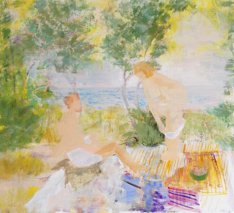 an abstract representation of two figures undressing for a dip in the ocean. one figure its on the brightly colored picnic blankets while the other stands on the blankets next to a small bowl of food. the aqua-colored ocean is visible in the distance beneath a pale colored sky. there is a lot of foliage and greenery behind and around the figures.