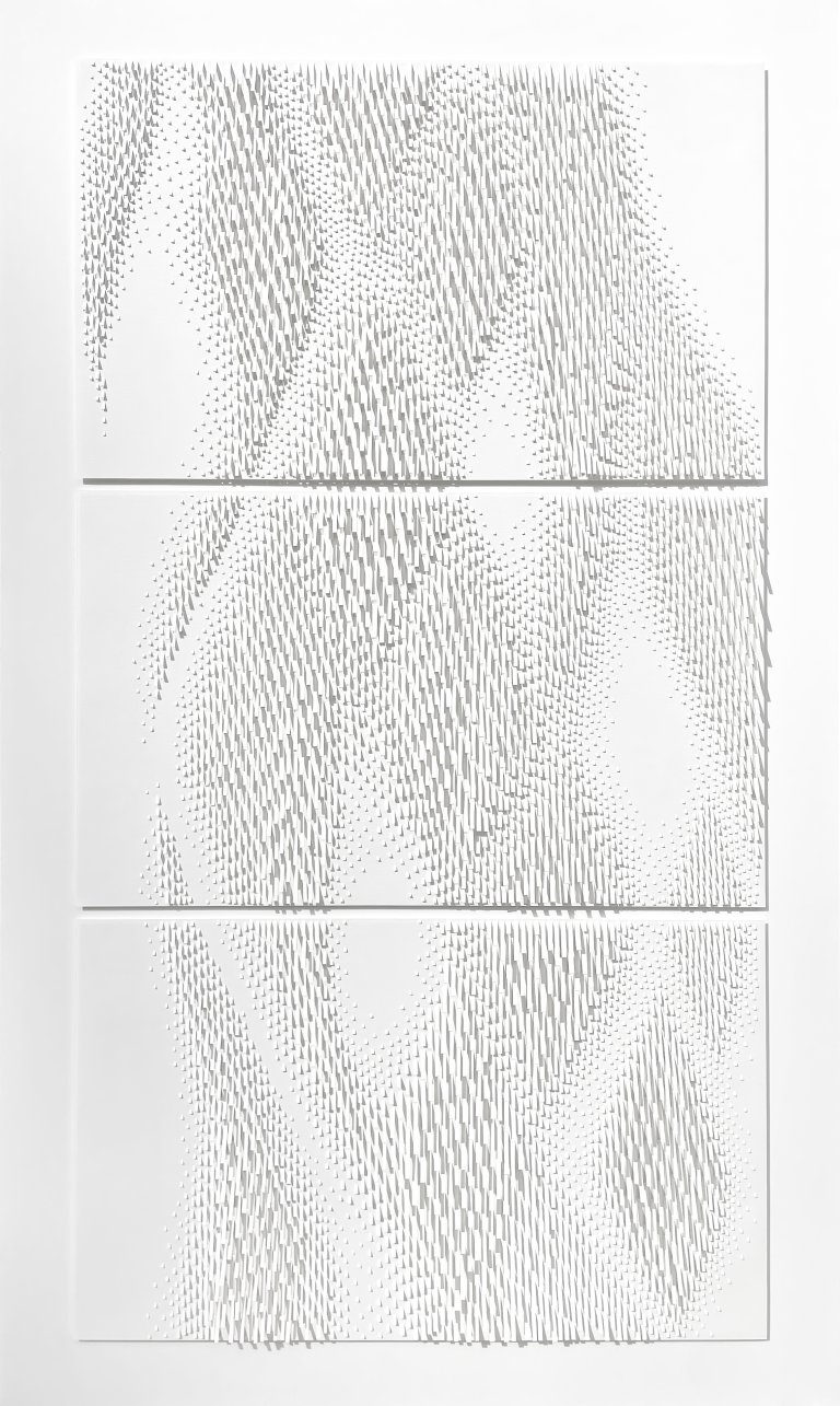 a hand cut paper relief on white paper scored with a thin blade to produce depth and variation of texture in an organic, swaying pattern. there are three sheets of paper arranged in a vertical column. each sheet is a horizontal rectangle.