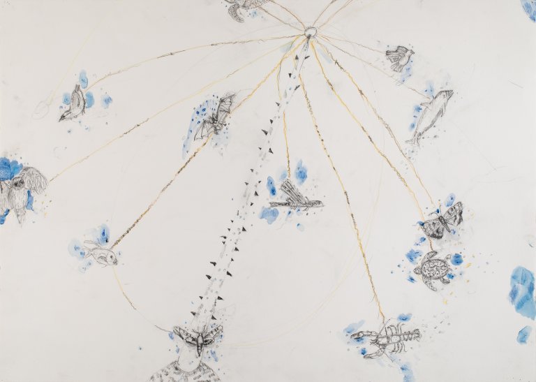 an abstract piece showing what appears to be a magnetic field drawn between different illustrations of animals including an owl, a bird, a fish, a bat, a sea turtle, a moth, a flying fish, a lobster, a butterfly, another bird, and a dolphin. each creature is rendered in black ink and drawn to a small white circle by a gold line. there are blue splotches around each creature. there is a large narwhal horn starting off the page and angling towards the small white circle. the background of the piece is mostly blank.