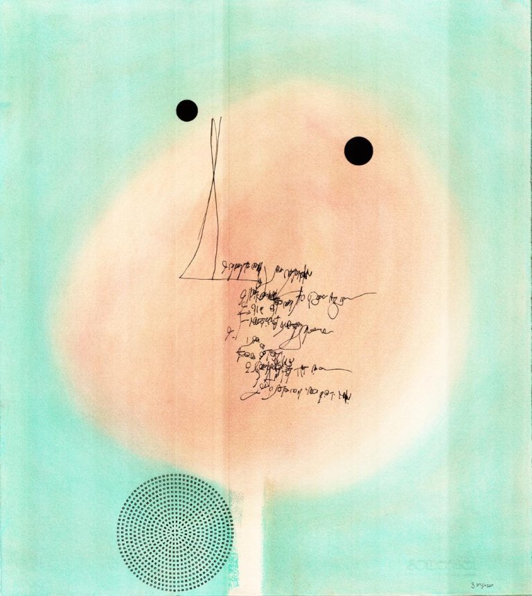 an abstract portrait with a mint green background and a round peach colored shape in the center. the peach shape has two black circles to represent eyes, an L-shape to represent a nose, and a few line of calligraphic script where the moth would be. there is a circle constructed of smaller circles underneath the face near the bottom edge of the paper
