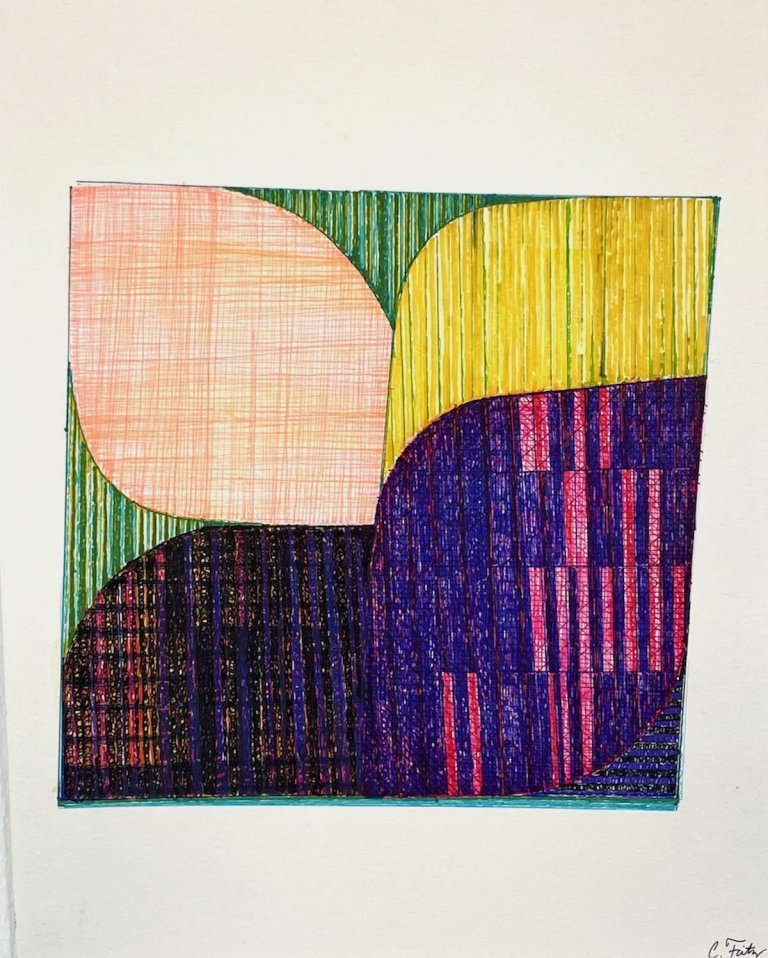 an abstract ink drawing on paper. there are 4 main sections of this piece against a green striped background. there is a soft peach and orange cross-hatched section, a lemon yellow and slight lime green vertically striped section, a dark indigo, red, and violet cross-hatched section, and a violet and rose segmented section. the peach section is in the top left, the lemon section is in the top right, the violet and rose section is in the bottom right, and the dark black section is in the bottom left.