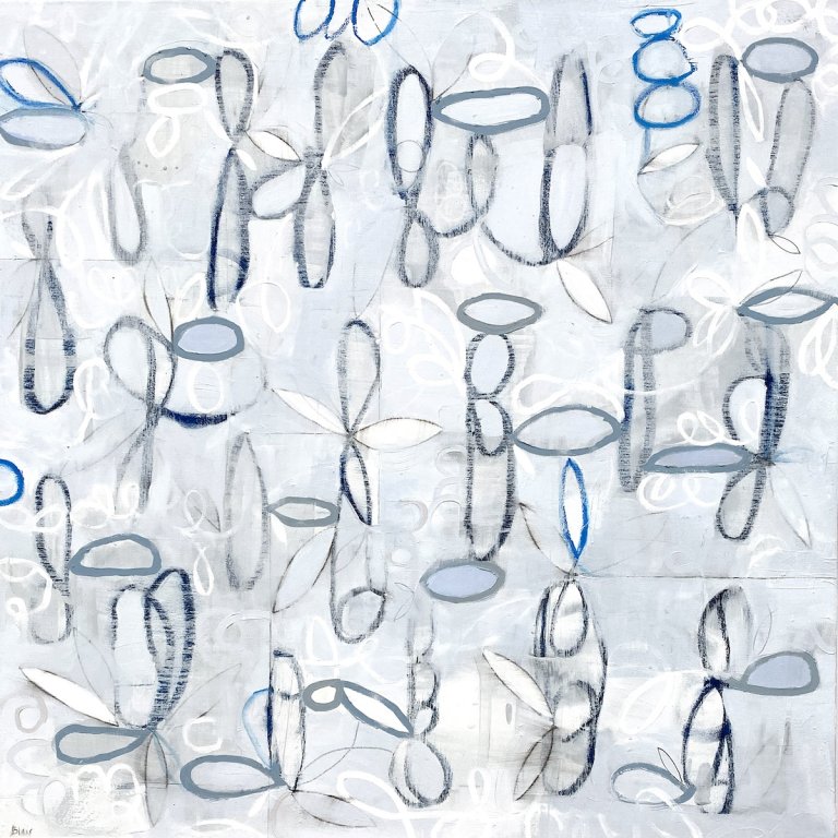 an abstract fine art piece in a soft dusty blue and white haze. there are loopy floral shapes in the foreground in shades of deep phthalo blue, indigo, and slate gray