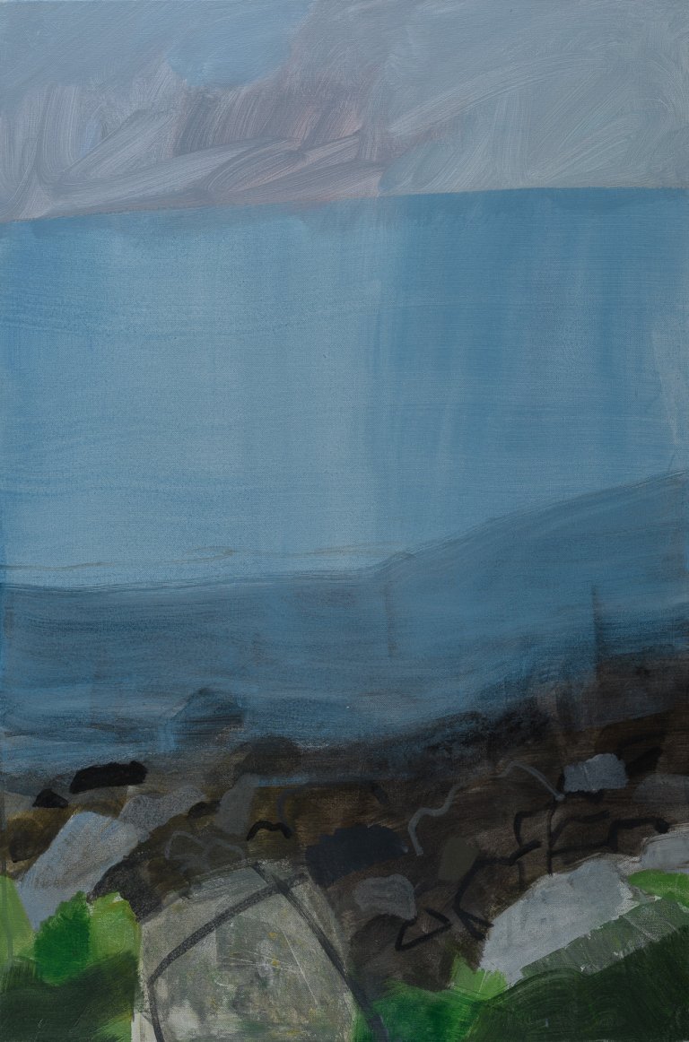 an abstract landscape with a dark blue and dove gray sky above a dark brown, gray, and multi-colored green landmass. the land appears rocky and strewn with foliage.