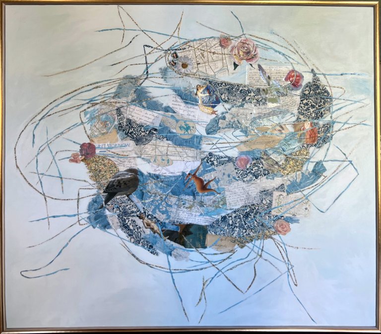 an abstract collage on canvas of a large nest created with scraps of paper and fabric against a pale blue background. the nest has a color palette of blues and browns.