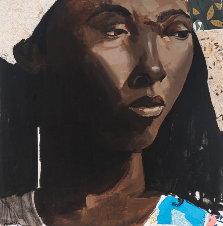 a portrait of a Black woman with her head angled 3/4 of the way to right. her hair is down. she has a calm expression on her face, with her eyes downcast to the right. the background behind her and her outfit are made of colorful collaged paper.