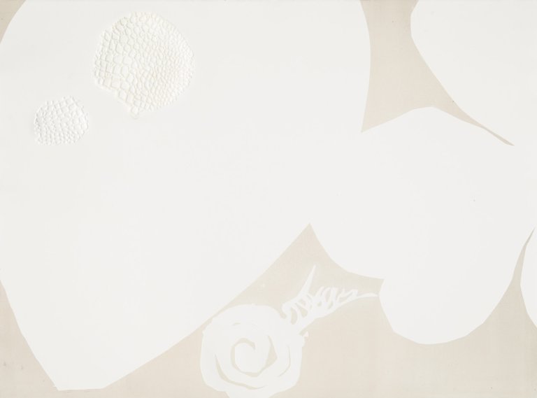 an abstract art piece with a beige background and large white rounded shapes in the foreground