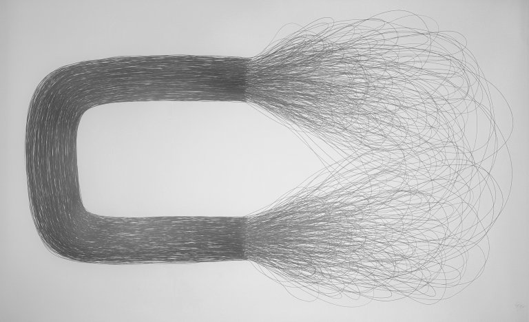 an abstract art piece made of consistent loops in an oblong-esque shape. the marks are made in dark graphite pencil. the left side of the marks are dense and solid, while the right side is loose and emotive.