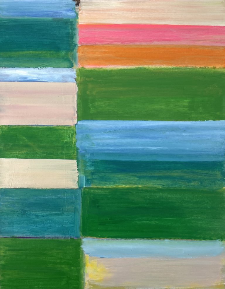 an abstract art piece made up of horizontal rectangles arranged parallel to each other in shades of emerald, teal, sky blue, pink, orange, peach, and taupe.