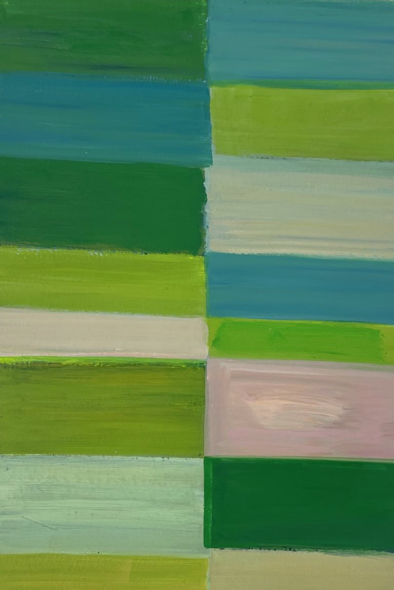 an abstract art piece made up of horizontal rectangles arranged parallel to each other in shades of emerald, sap, lime, mauve, aqua, and taupe