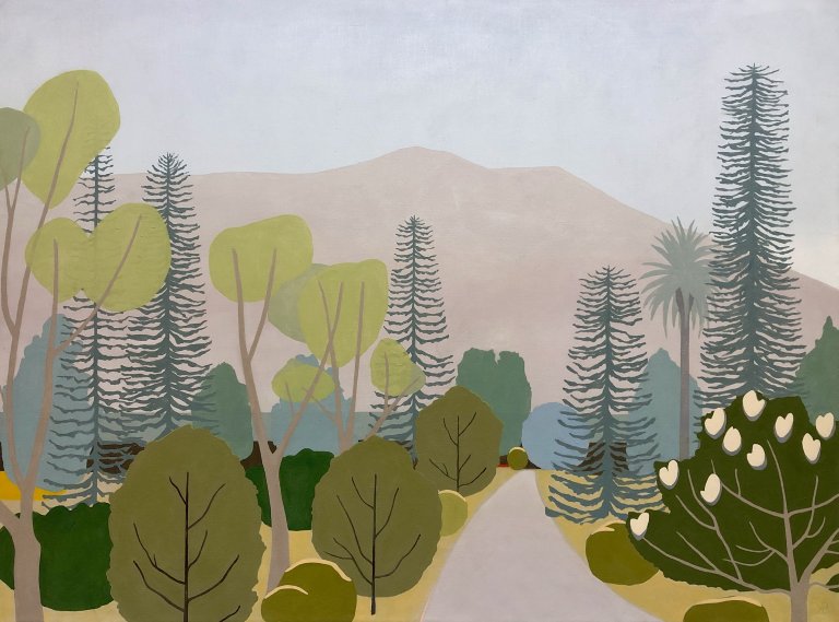 an abstracted landscape showing a tree covered area with a small gray path leading towards mount tam in the background painted in a soft taupe against a light gray-blue sky. each object is abstracted into flat, dimensionless shapes painted in a single color. the artist has created dimension by using contrasting values.
