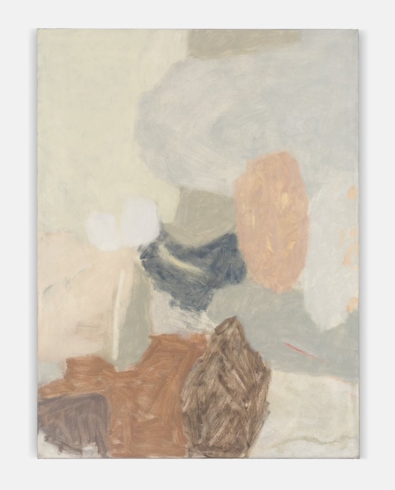 an abstract art piece made up of several softly colored organic shapes in shades of grey, peach, charcoal, taupe, rust, cream, and chocolate brown
