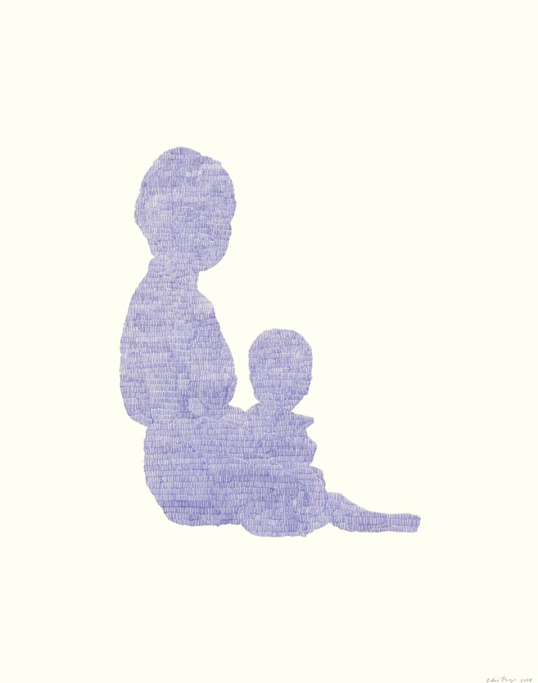 an abstract of the silhouette of two child-like figures sitting, congruent in posture. the silhouette is filled in with tiny hatch marks of blue ballpoint pen