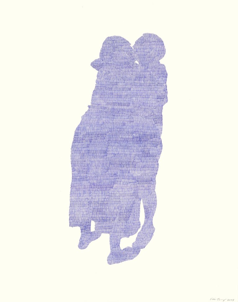 an abstract art piece depicting the silhouette of two figures in an embrace. the silhouette is filled in with tiny hatch marks of blue ballpoint pen