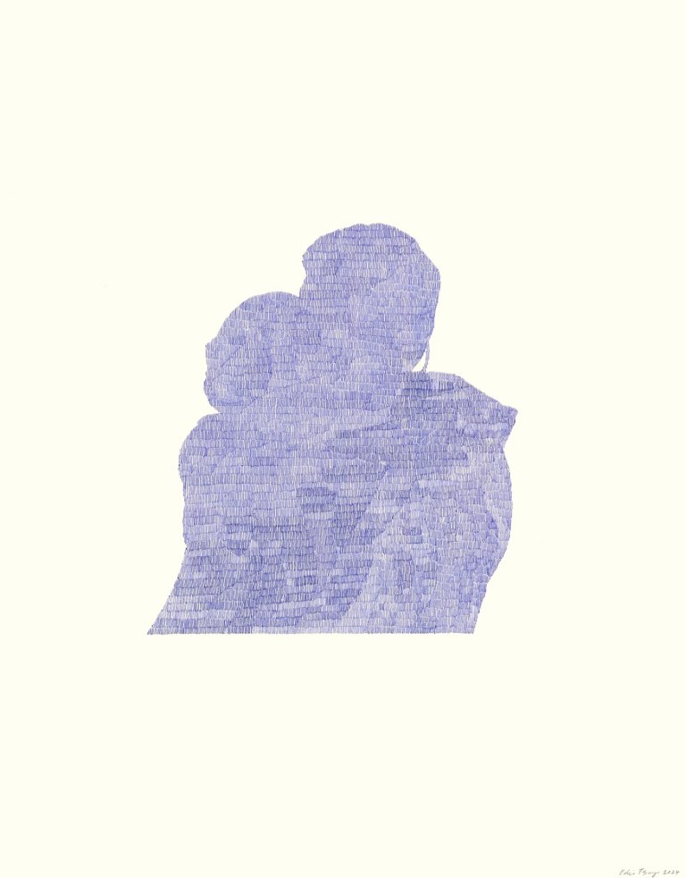 an abstract art piece depicting the silhouette of two figures depicted from the chest up in an embrace. the silhouette is filled in with tiny hatch marks of blue ballpoint pen