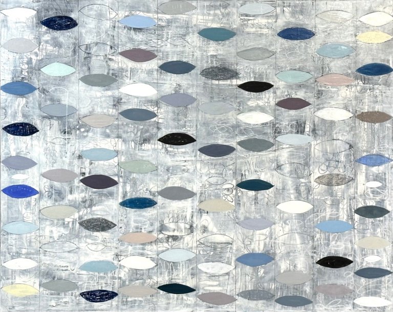 an abstract art piece with a grey and white background. the foreground is made up of oblong mandorla shapes in shades of blue, gray, cobalt, slate, taupe, and white