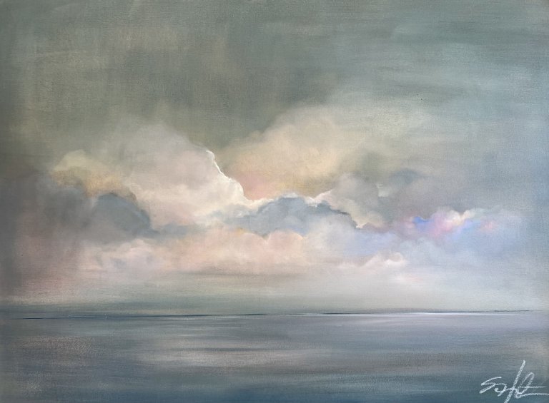an abstracted landscape scene of the horizon line between a hazy blue-gray sea and large fluffy clouds with hints of pink and blue against a gray sky