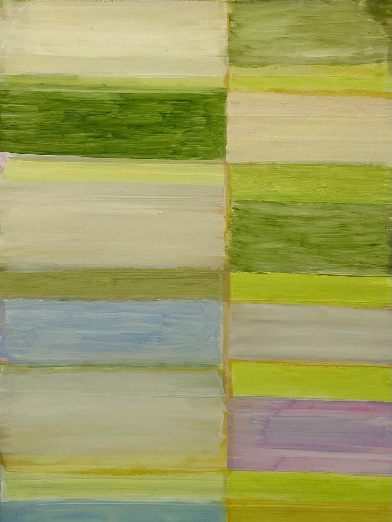 an abstract art piece made up of horizontal rectangles arranged parallel to each other in shades of lime, yellow, sap, sky blue, muted pink, and soft butter yellow