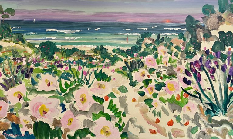 an abstract beach scene showing a dune covered in bright purple and pale pink blossoms with teal and dark green foliage. in the distance a sparkling turquoise sea fades to indigo. there is a beautiful violet sunset above this. int he surf stands a small figure with dark hair and a vermillion bathing suit