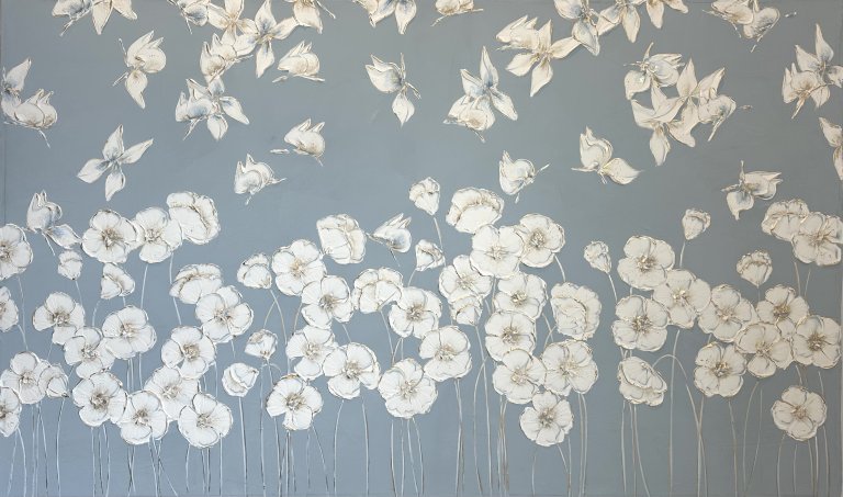 an abstract art piece that has an uneven line of round white flowers on thin stems clumped across the bottom. in the space above the flowers, there are white butterflies flying in all directions. both the flowers and butterflies have gold leaf detailing. the background of this piece is a flat slate blue