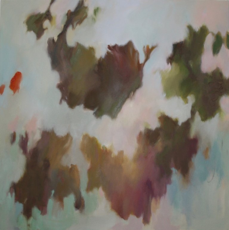 an abstract art piece with a soft mint and pale pink background. the foreground has hazy shapes in gold, rust, burgundy, and olive. the shapes are organic and clumpy