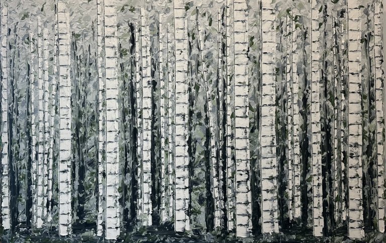 an abstract art piece featuring aspen trees painted loosely in white paint with indigo detailing. they fade off into the distrance in an indigo haze