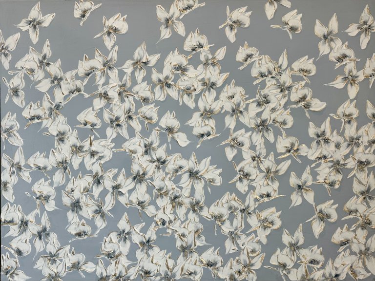 an abstract art piece featuring a flood of butterflies in white paint with slate gray detailing. the background of the art piece is slate blue