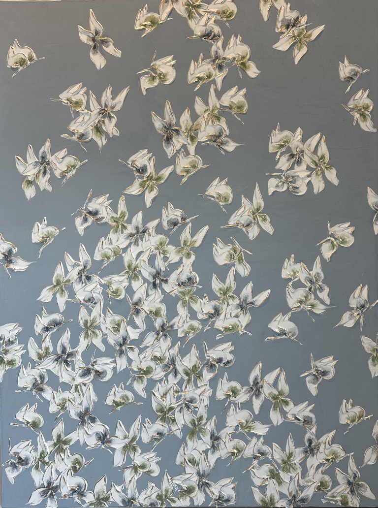an abstract art piece featuring a flood of butterflies in white with lime green and indigo centers against a flat slate blue background