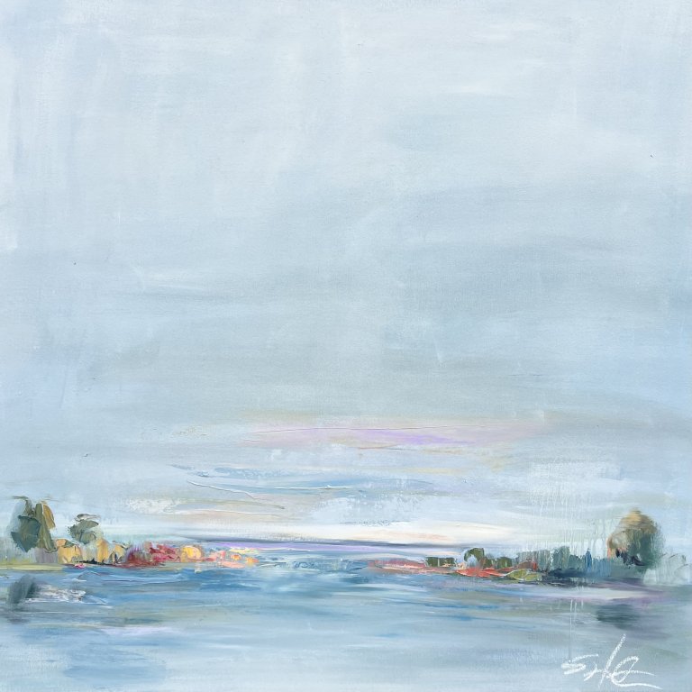 an abstracted landscape of the horizon line between a calm blue sea and a soft blue-gray sky. along the horizon are little strips of land with green, red, and gray foliage