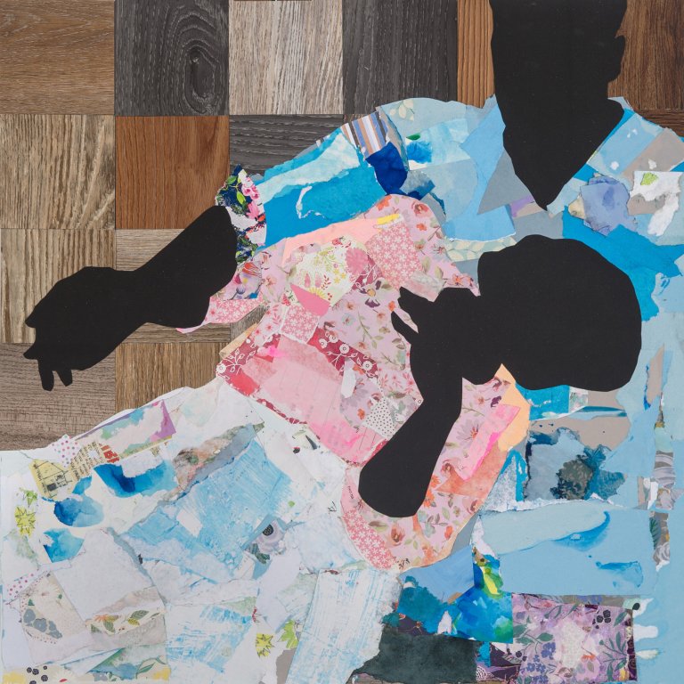 an abstract interpretation of two figures siting, with one figure resting their head in the other's lap while looking up at them. the bodies of the two figures are done in a flat black silhouette, but their clothes are made from brightly colored floral paper collaged the reclining figure wears pinks and soft blues, while the sitting figure wears garments of bright electric blue. the background behind the figures is a checkerboard of different woodgrains