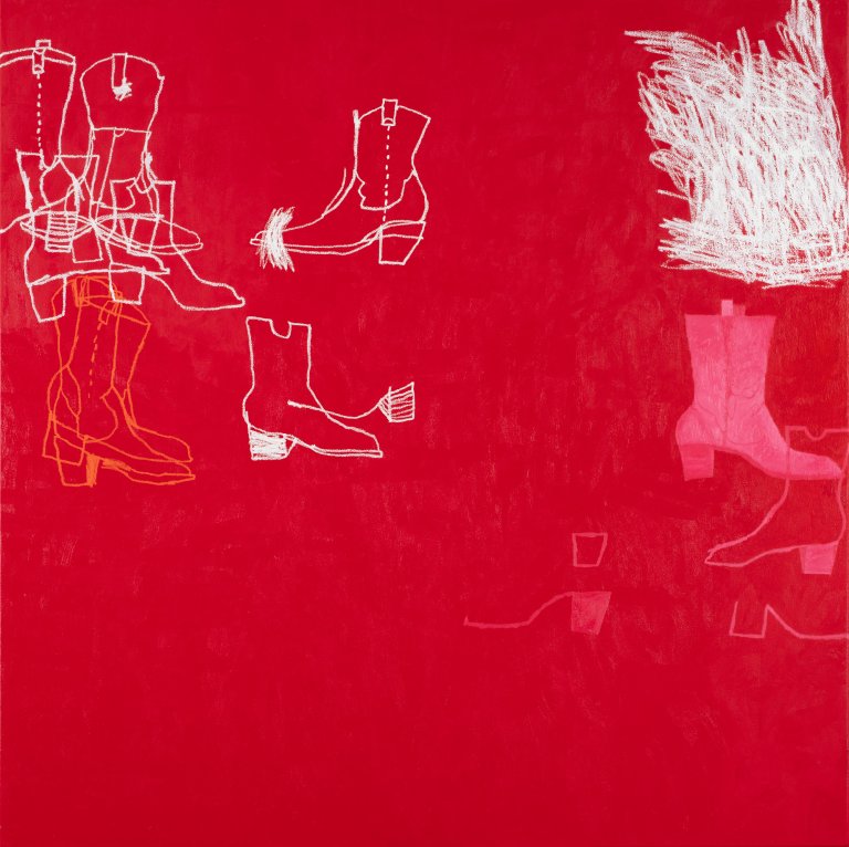 an abstract art piece with a vibrant red background and cowboy boots drawn in white, orange, and soft pink in the foreground