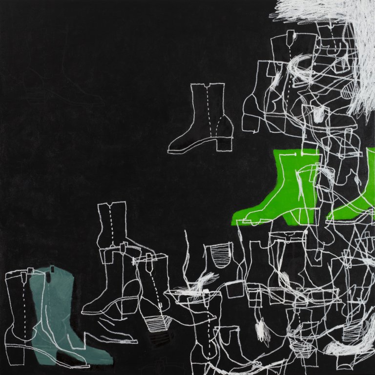 an abstract art piece with a velvety black background and cowboy boots drawn in white, lime, and soft gray-blue in the foreground