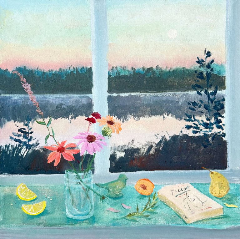 a stylized interior and exterior landscape showing a windowsill with a turquoise runner on it in front of two window panes overlooking a lake and foliage. the sky in the distance is an ombre of minty blue green to soft peach, like a sunrise or sunset. on the windowsill on top of the runner, there is a mason jar with a few wildflowers in it (pink, coral, and peach colored), a few lemon slices, a green bird figurine, an apricot half, a yellow pear, and a cream colored book about picasso