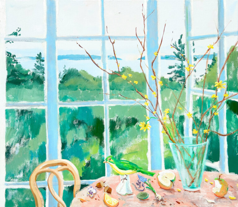 an abstract painting of a window scene overlooking a lush green garden and a body of water. the windows in the foreground have a light blue frame around the glass. there is a peach-colored table cloth with a light blue vase on the top. there are a few items scattered on the tabletop including an orange slice, acorns, half an apple, an apple with a bite out of it, a blue flower stem with the roots still attached, and a small white pedestal with a green and yellow bird perched on top. the vase has branches with small yellow flowers inside. there is a curved wooden chair to the left of the table
