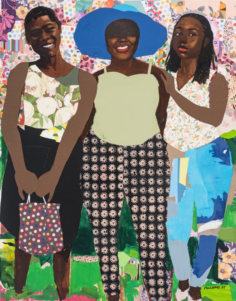 a painting of three Black women standing next to each other. the two on the right stand smiling, facing forward, but the one on the right is tilted inwards to the middle, and rests her outer hand on the shoulder of the woman next to her with a serious expression on her face. the women's faces are painted, but their clothing and surroundings are made from collaged paper. the paper is brightly colored and patterned. the woman on the far left has short hair, wears a tank top and a black skirt, and holds a polka dotted bag in front of her body. the middle woman wears black pants with a tan floral patter. she has on a pale green tank top, and a bright blue hat with a large brim. her hair isnt visible. the woman on the right has short hair, wears a light colored sleeveless top, and colorful blue pants. the background of the piece is green collaged paper towards the bottom, and light warmer colors toward the top.