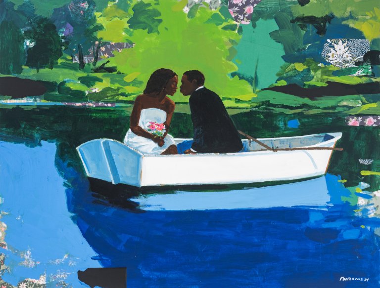 a painting of a man and a woman in a boat leaning towards each other as if they are about to kiss. the woman wears a strapless white dress, holding a bouquet of pink flowers in her lap. the man wears a black jacket with a white collared shirt. they sit in a white rowboat that rests gently on blue water. the scenery behind them is abstract and green, giving the impression of foliage.