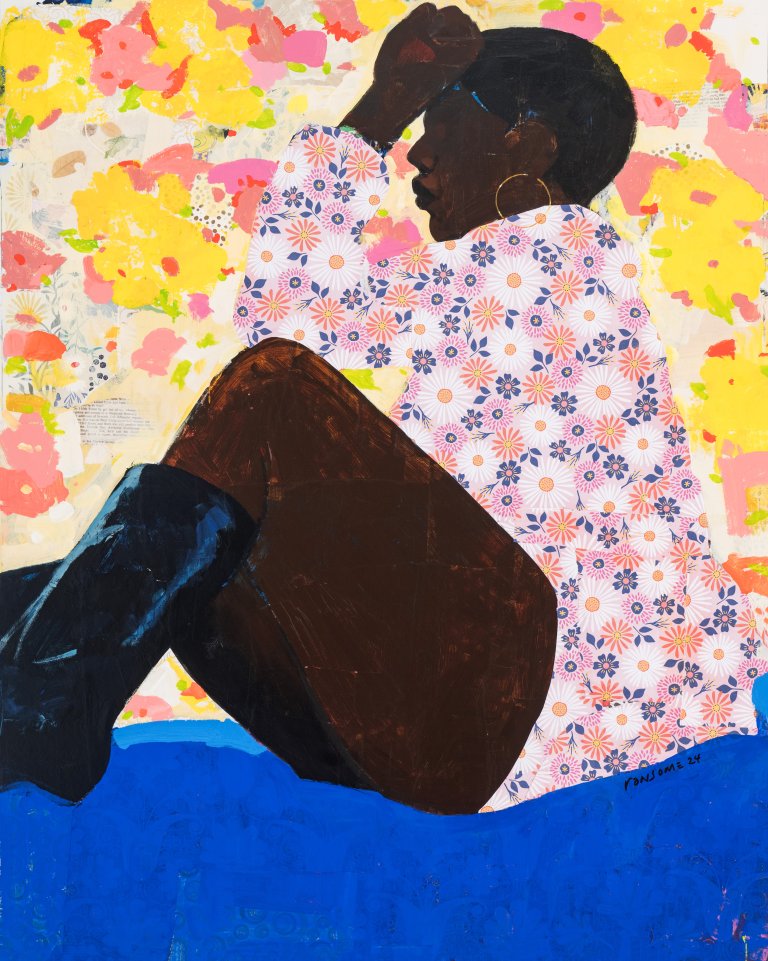 an abstract art piece of a woman in profile sitting with her knees up and her elbows resting on her knees, her forehead resting on her hands. she wears chocolate colored pants and a floral top in navy, orange, pink, and yellow. her hair is cut short and she has a large gold hoop in her ear. she sits on a cobalt blue ground, and the space behind her is pink and yellow floers. she wears shiny black boots that reach her upper calf, and they reflect indigo.