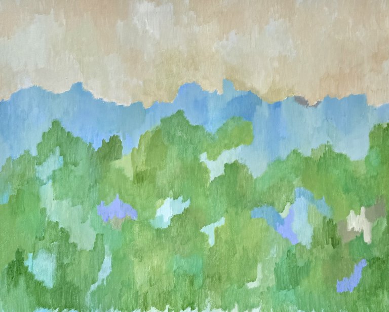 an abstract art piece made of horizontal melodic waves of color created by layering vertical brushstrokes next to each other. the colors of the piece are tan, off-white, sky blue, periwinkle, grass green, mint, and taupe