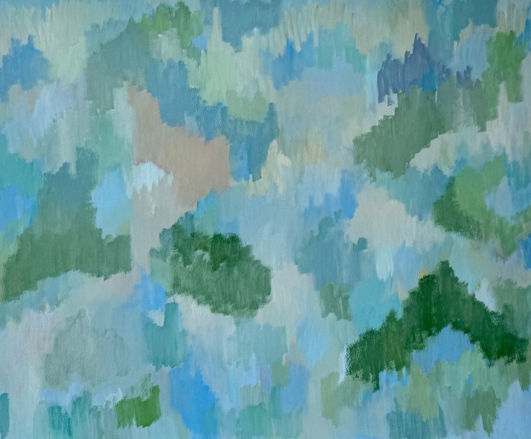 an abstract brightly colored art piece with waves of undulating color in shades of emerald, kelly, sky, taupe, mint, sage, soft cobalt, and periwinkle