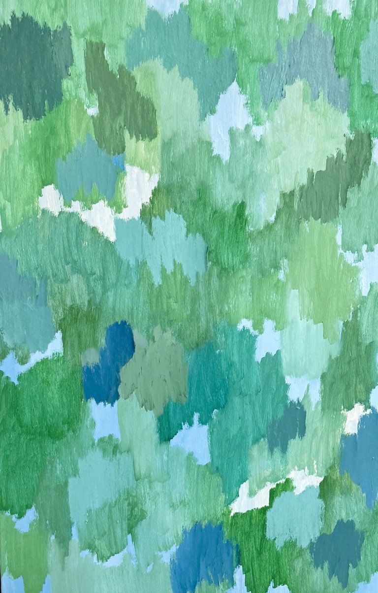 an abstract art piece made of horizontal melodic waves of color created by layering vertical brushstrokes next to each other. the colors of the piece are emerald, teal, mint, deep navy, aqua, and off-white