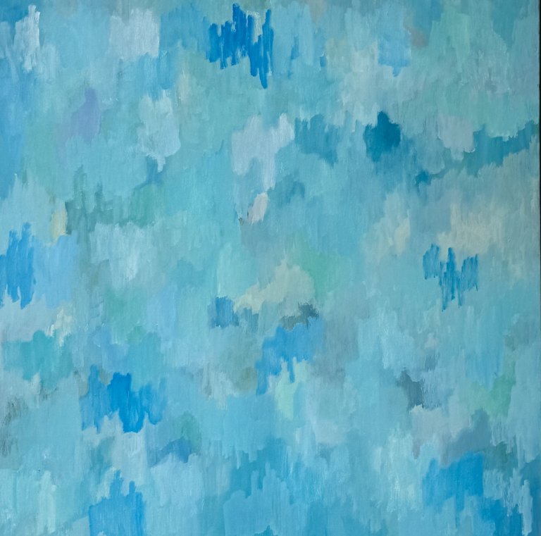 an abstract art piece made of horizontal melodic waves of color created by layering vertical brushstrokes next to each other. the colors of the piece are sky blue, electric blue, periwinkle, cerulean, aqua, and off white
