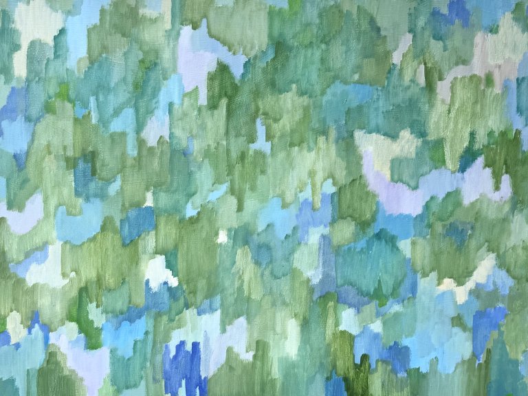an abstract art piece made of horizontal melodic waves of color created by layering vertical brushstrokes next to each other. the colors of the piece are grass green, soft mint, periwinkle, lilac, cerulean, off-white, and baby blue