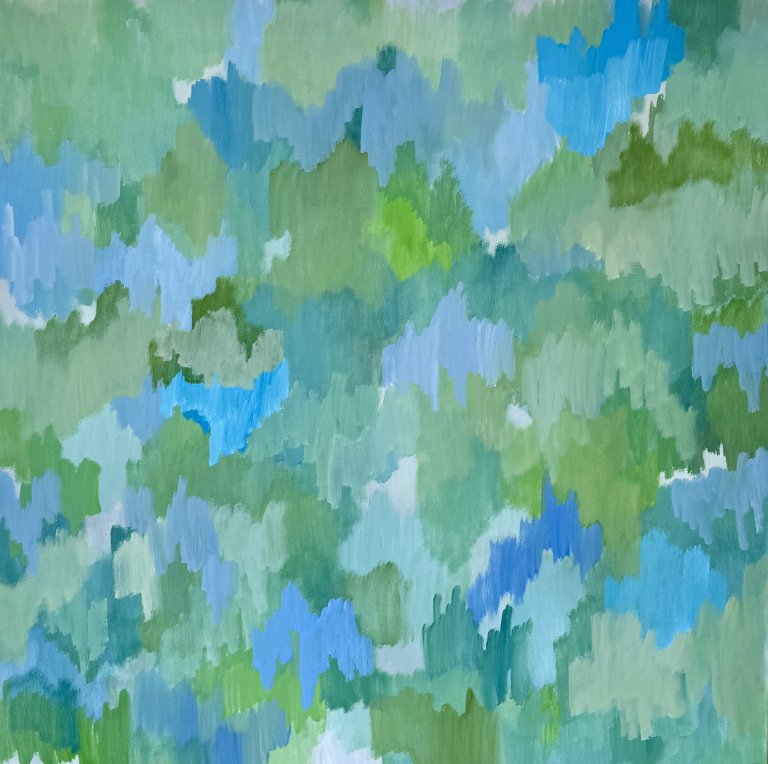 an abstract art piece made of horizontal melodic waves of color created by layering vertical brushstrokes next to each other. the colors of the piece are grass green, light blue, electric blue, mint, lime, sage green, and soft kelly green
