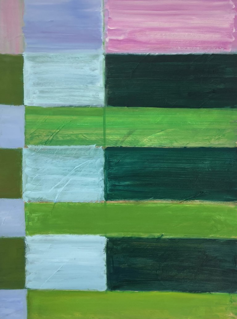 an abstract art piece made up of horizontal rectangles arranged parallel to each other in shades of navy, grass green, mint, sky blue, periwinkle, pink, and indigo