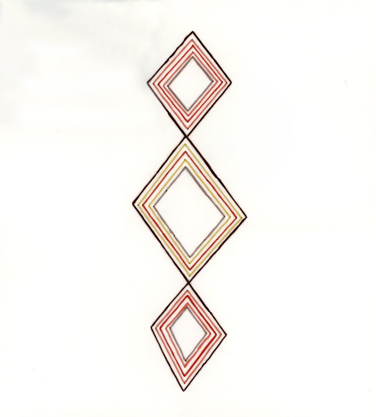 an abstract embroidery piece on white paper. there are three diamonds stacked vertically, point to point, in the center of the piece. the diamonds are made of concentric lines radiating outward that are embroidered on the paper in shades of red, pink, yellow, and aubergine.