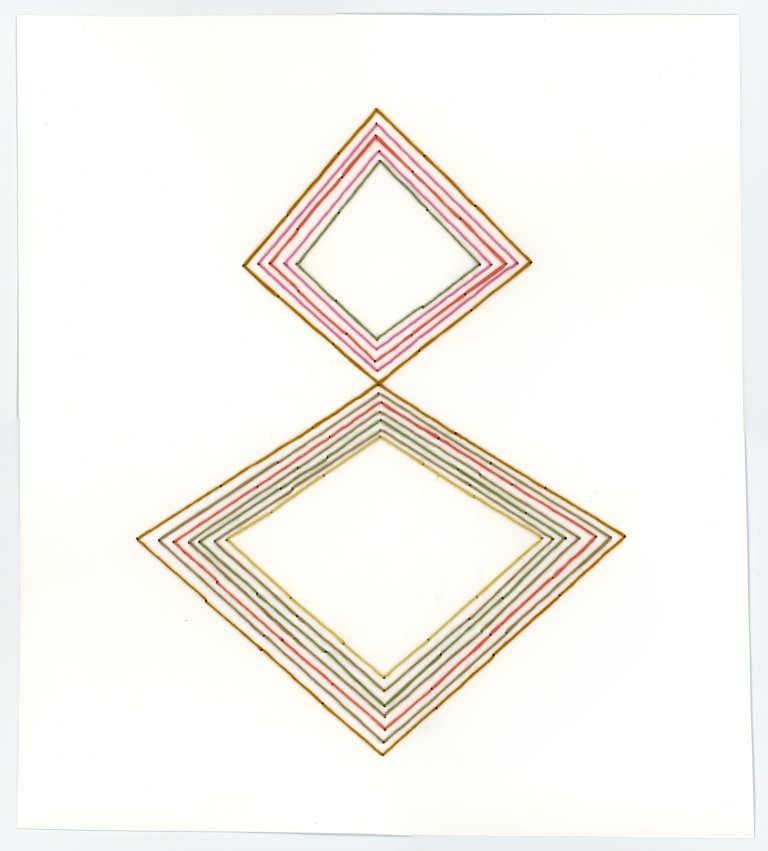an abstract embroidery piece on white paper. there are two diamonds stacked vertically, point to point, in the center of the piece. the diamonds are made of concentric lines radiating outward that are embroidered on the paper in shades of red, pink, yellow, and aubergine.